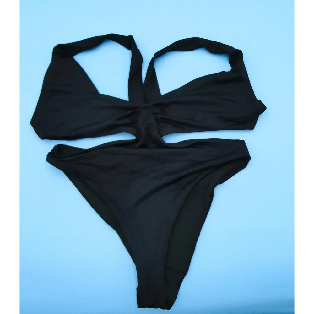 Agua Bendita Medium Black Smooth‎ One Piece Ruffle Swimsuit Cutout Strappy Beach